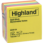 HIGHLAND COLOURED NOTES 100 SHEETS PER PAD 73 X 73MM ASSORTED BRIGHT COLOURS PACK 5