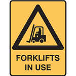 BRADY WARNING SIGN FORKLIFTS IN USE 450 X 300MM POLYPROPYLENE