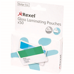REXEL GLOSS LAMINATING POUCH 180 MICRON BADGE SIZE 67 X 98MM CLEAR PACK 50