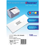 UNISTAT 38935 MULTIPURPOSE LABEL 30UP 64 X 254MM WHITE PACK 100