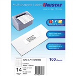UNISTAT 38937 MULTIPURPOSE LABEL 14UP 98 X 38MM WHITE PACK 100