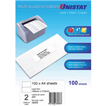 UNISTAT 38938 MULTIPURPOSE LABEL 2UP 148 X 210MM WHITE PACK 100