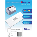 UNISTAT 38939 MULTIPURPOSE LABEL 1UP 297 X 210MM WHITE PACK 100