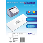 UNISTAT 38940 MULTIPURPOSE LABEL 1UP 297 X 210MM WHITE PACK 100