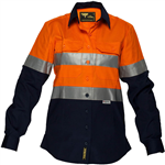 PRIME MOVER ML808 LADIES COTTON DRILL LIGHTWEIGHT SHIRT WITH TAPE 2TONE LONG SLEEVE ORANGE NAVY SIZE 12