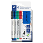 STAEDTLER LUMOCOLOR WHITEBOARD COMPACT BULLET POINT MARKER PLUS ERASER ASSORTED PACK 4