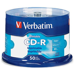 VERBATIM CDR 700MB 52X PRINTABLE SPINDLE WHITE PACK 50