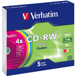 VERBATIM CDRW 700MB 1X4X COLOURED CASE PACK 5